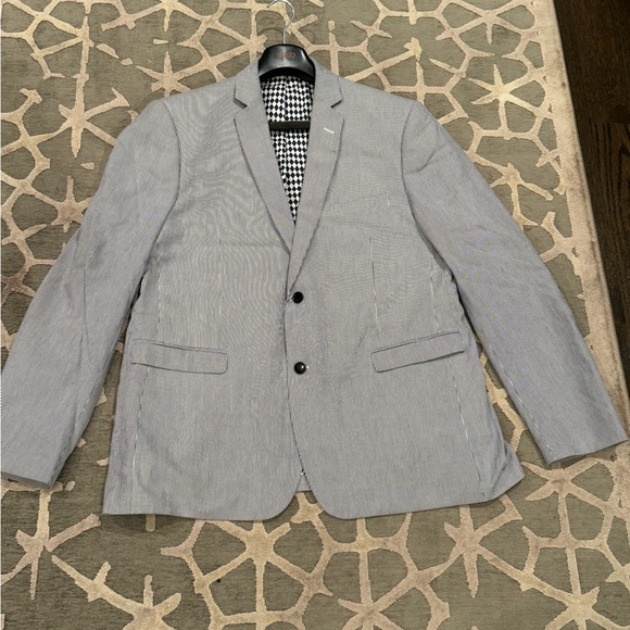 Saks Fifth Avenue Red Mens Seersucker Sport Coat Trim Fit Blue White StripeXXL